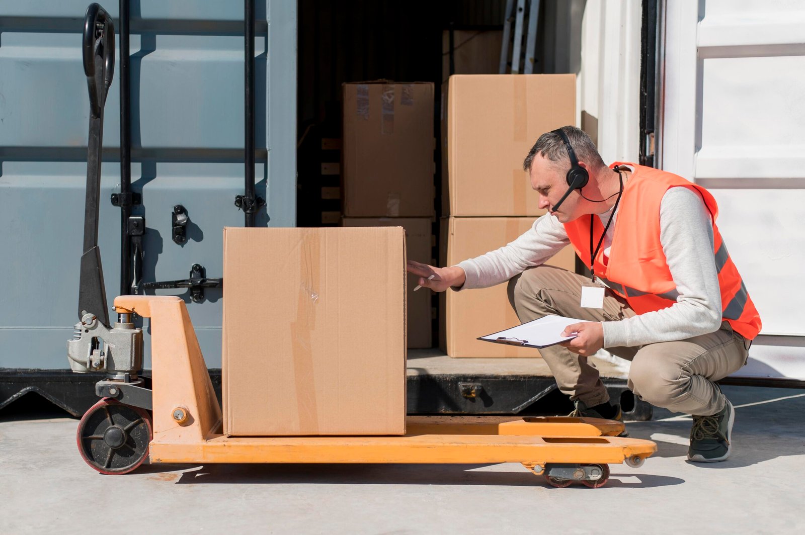 Home full shot man with pallet truck